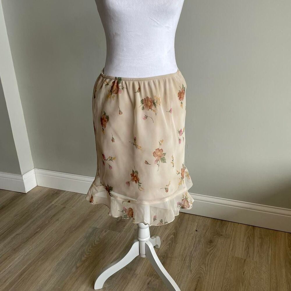 Y2K Cream & Pink Floral Ruffle Skirt Women's 12 Fairy Cottage Grandma Vintage